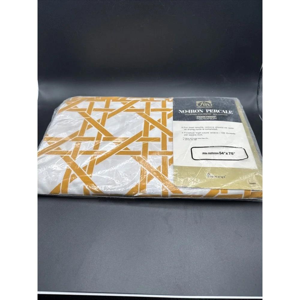 Vintage 70s Bed Sheet FULL FITTED Size Gold Cane Print JC Penny Pennys New